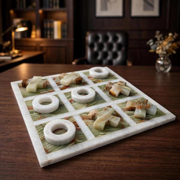 Handmade Onyx Marble Tic Tac Toe Game: White Green Stone Board, Luxury Home Decor