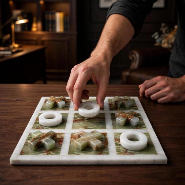 Handmade Onyx Marble Tic Tac Toe Game: White Green Stone Board, Luxury Home Decor