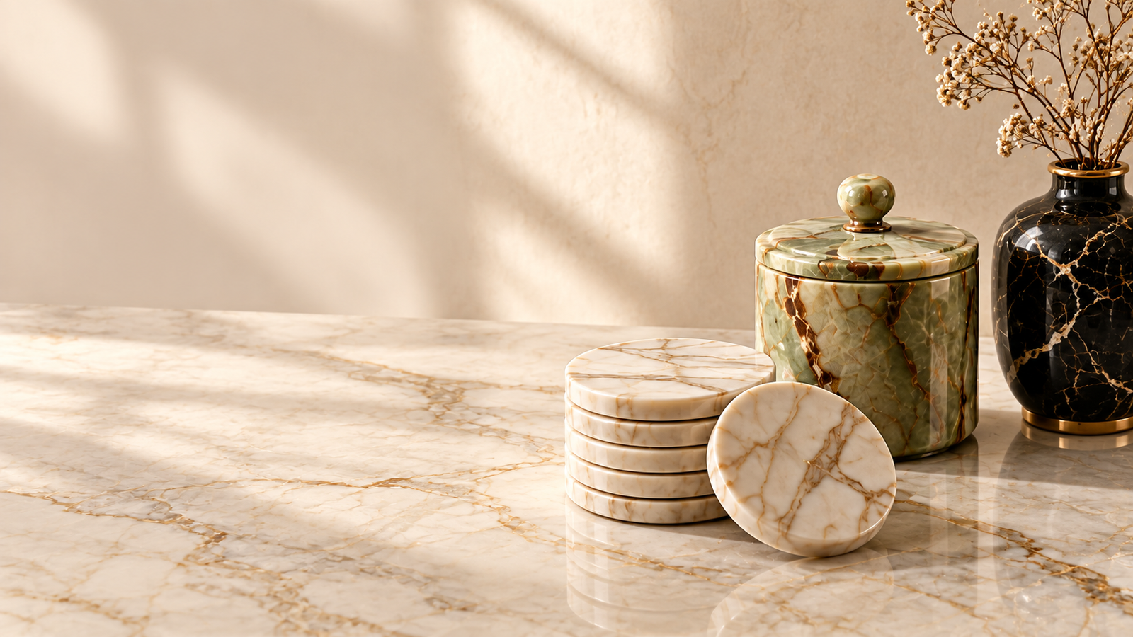 Markhonyx marble coasters and onyx decor